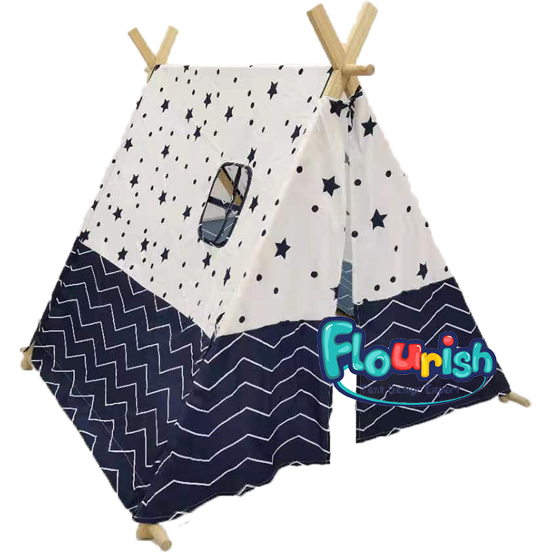 New Design Toy Tent Blue Star Print Wooden Poles Indian Kids Teepee