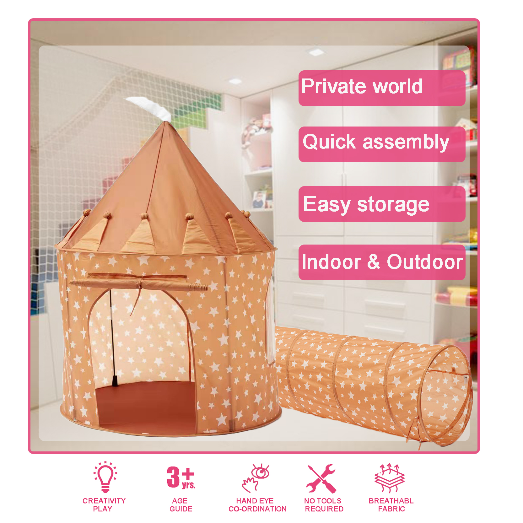 Kids Castle Play Tent With Star Pattern Sweet House Play Tent For Girls